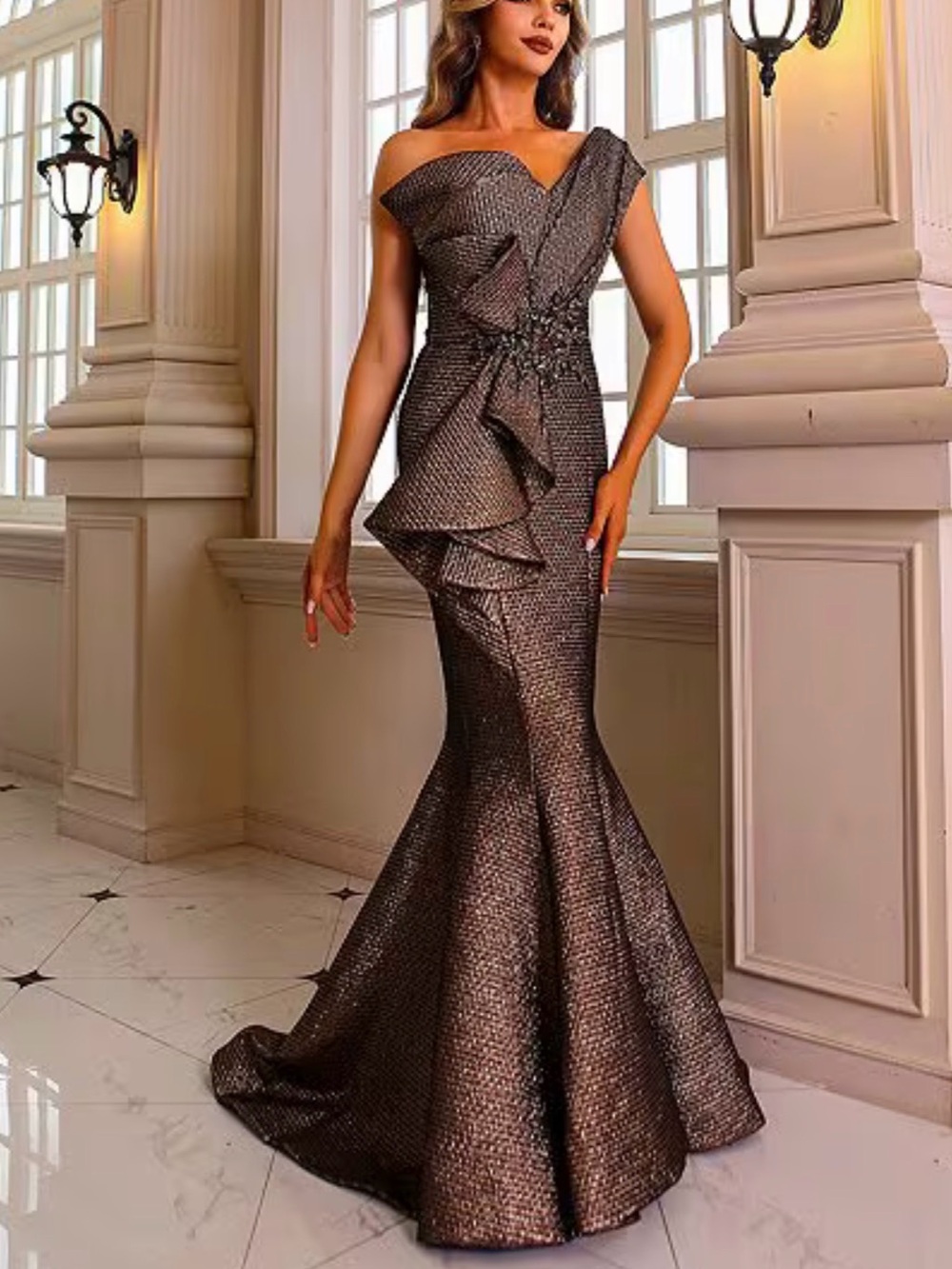 Terani Couture One-Shoulder Metallic Brown Mermaid Gown - Picture 3 of 5